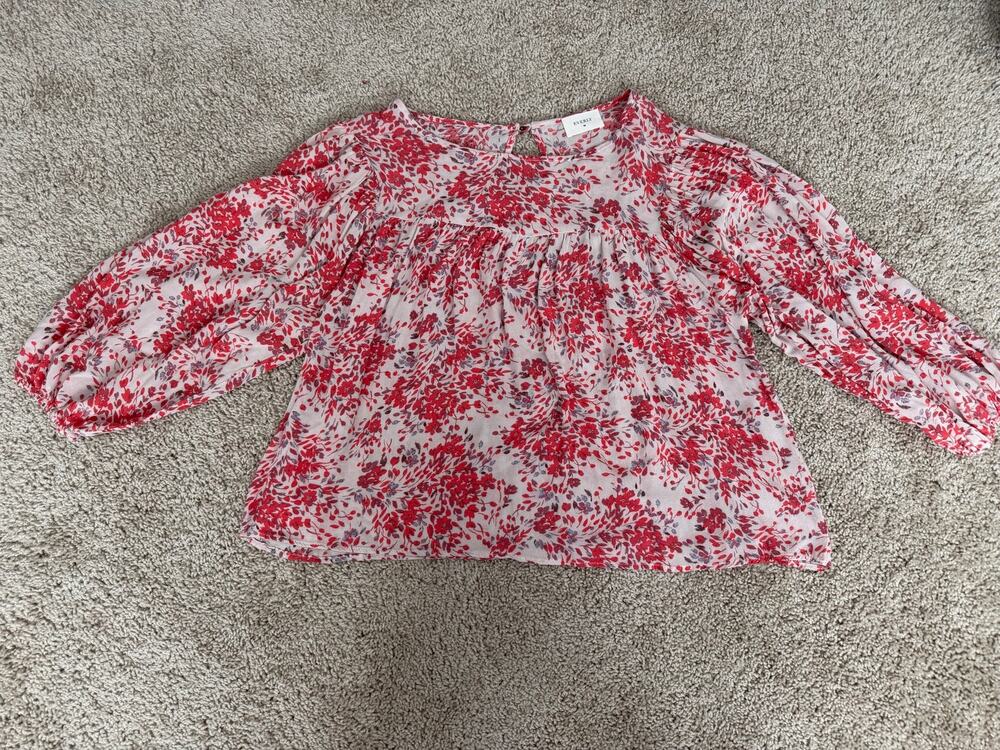 Everly Red White Floral Print Puff Sleeve Blouse Women’s Top Size Medium